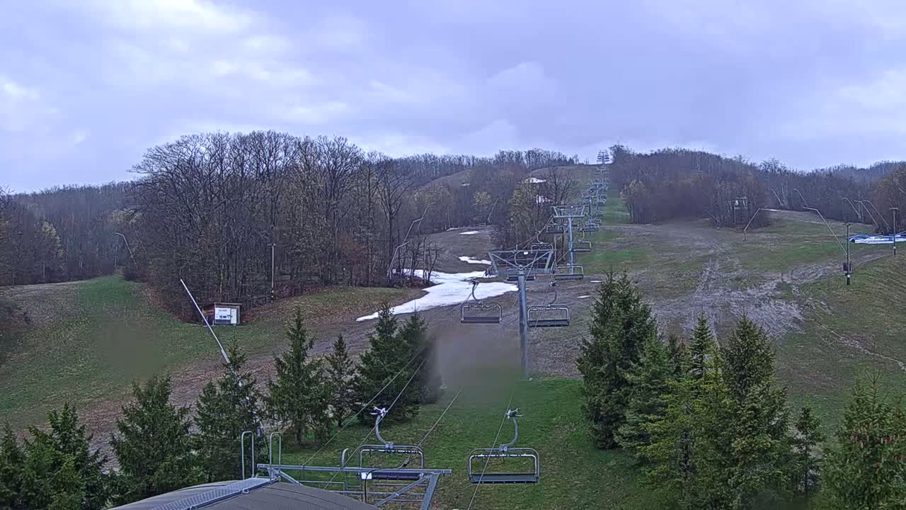 A chairlift ascends a grassy hill dotted with evergreens under a cloudy sky, with patches of snow remaining on the slopes.