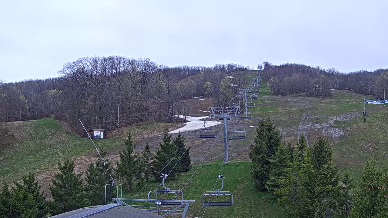 An empty ski lift ascends a grassy hill under an overcast sky.
