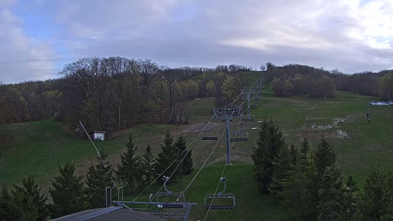A chairlift ascends a grassy hill surrounded by trees under a mostly cloudy sky.