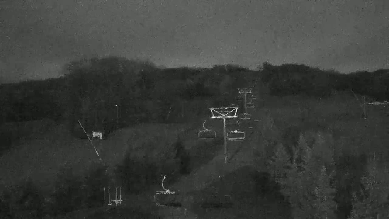 A chairlift ascends a dark, wooded hillside under a gray, overcast sky.
