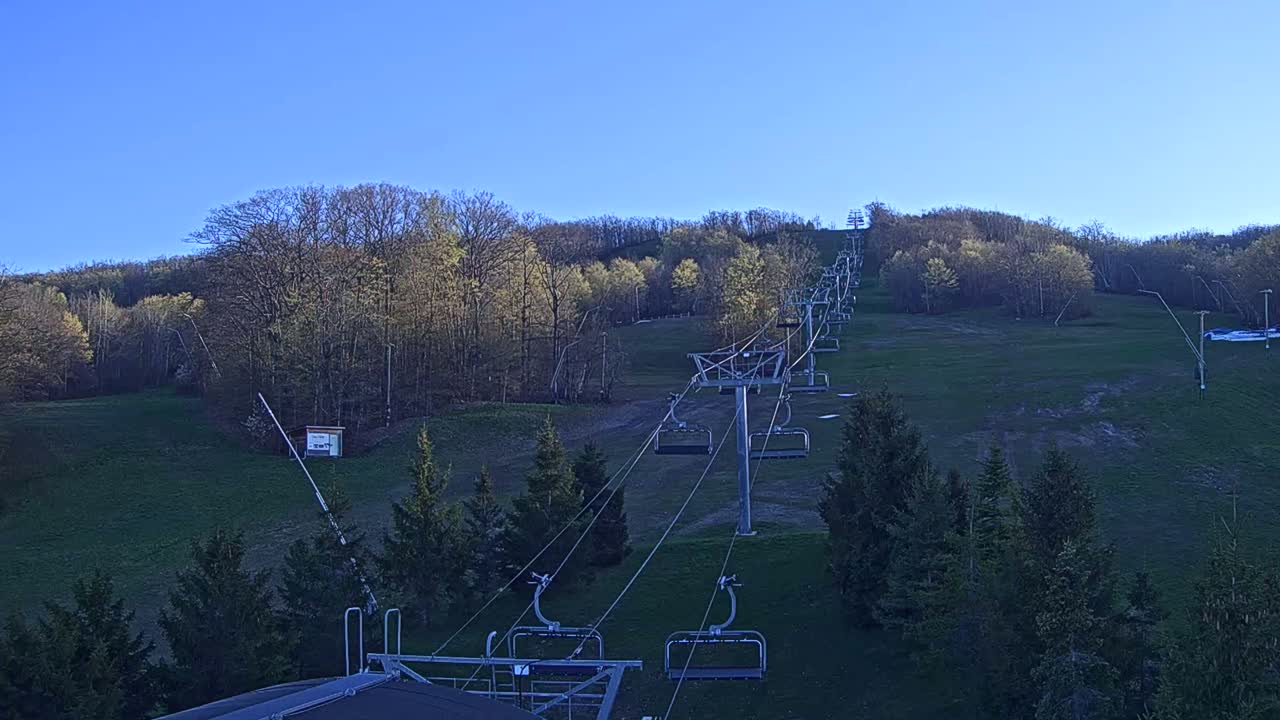 A chairlift ascends a grassy hill dotted with deciduous trees under a clear blue sky.
