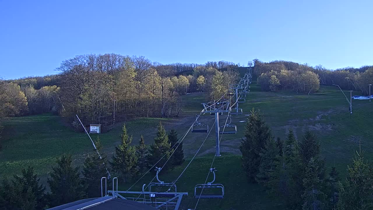 A chairlift ascends a grassy hill dotted with budding trees under a clear blue sky.