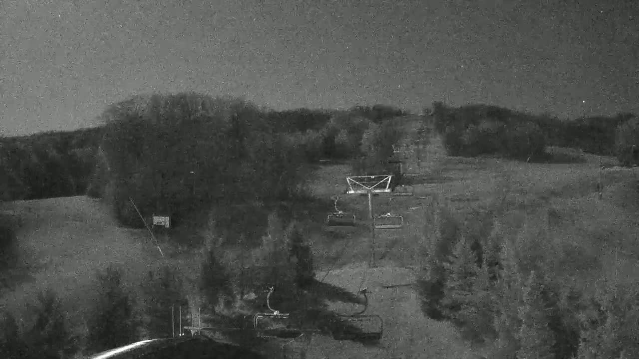 A nighttime, low-light grayscale image shows a ski lift ascending a hill covered in trees.