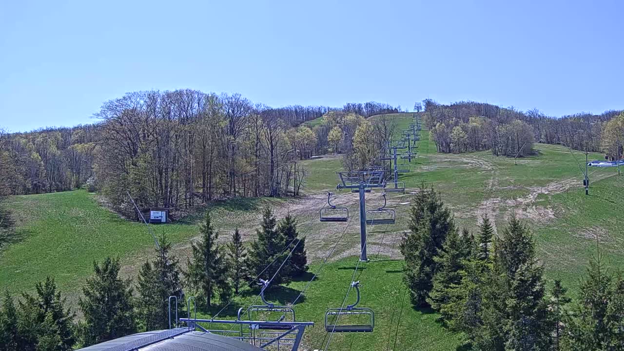A chairlift ascends a grassy hill lined with budding trees under a clear blue sky.