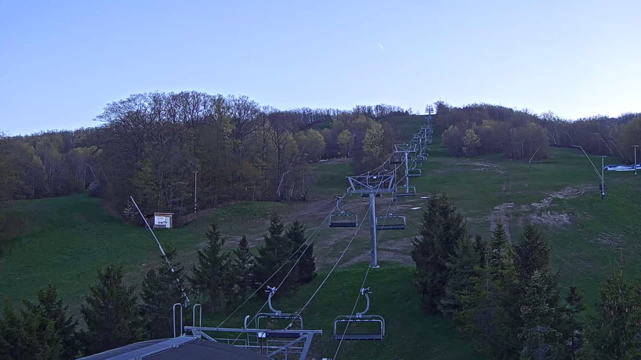 A chairlift ascends a grassy hill dotted with trees under a clear, twilight sky.