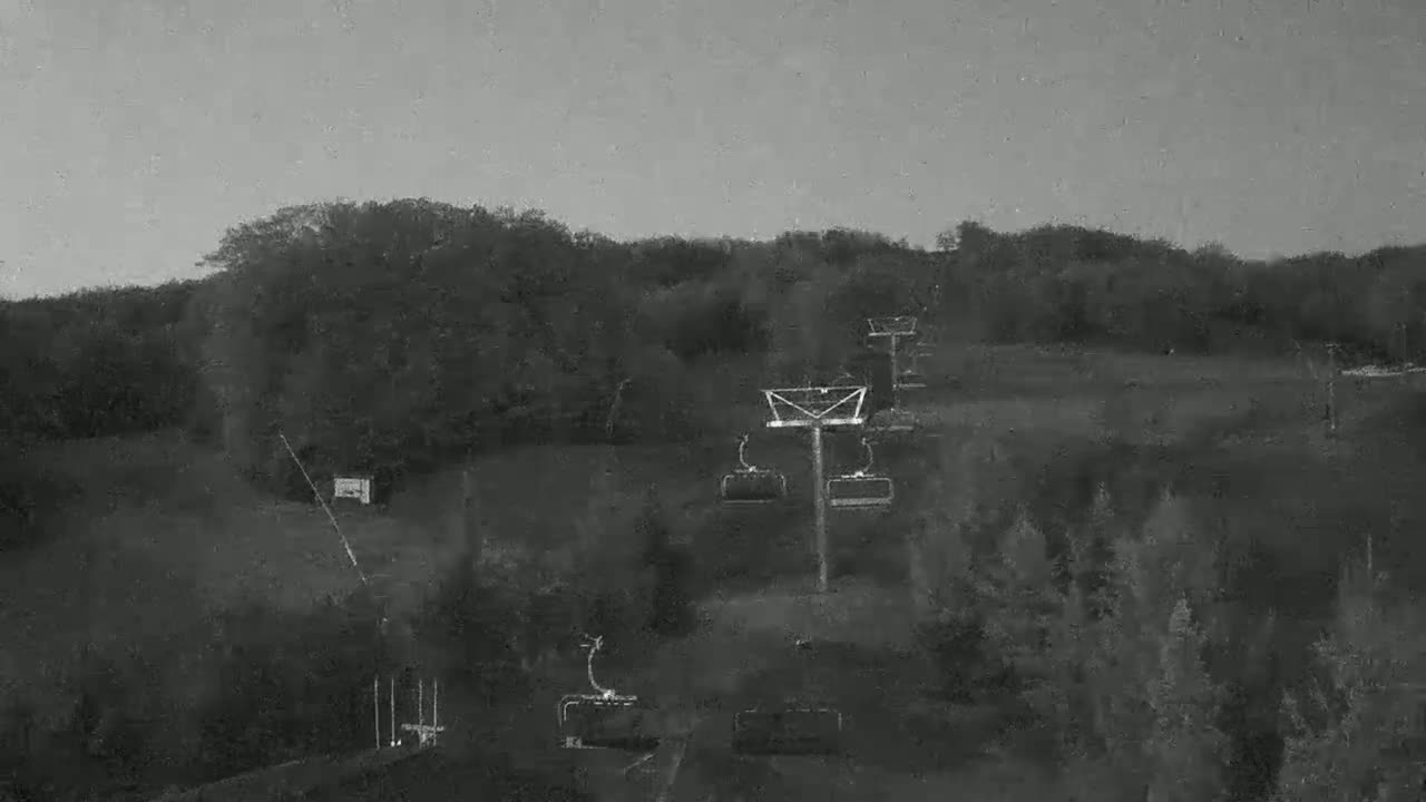 A chairlift ascends a hill covered in dark trees under a dusky sky.