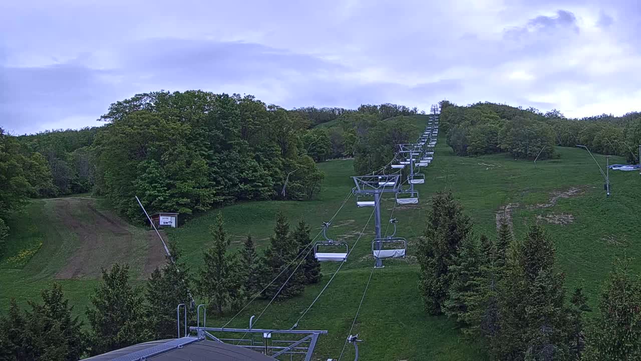 A chairlift ascends a grassy hill covered in green trees under a cloudy sky.