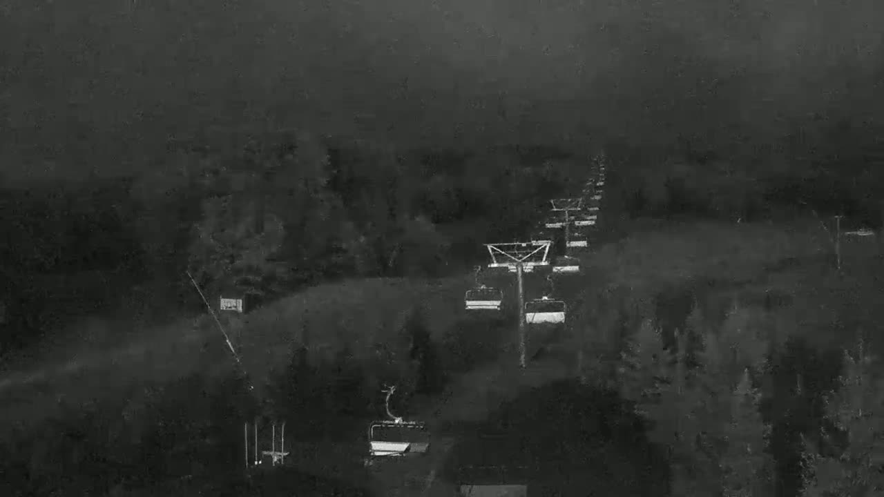 A chairlift ascends a dark, wooded hillside in foggy or cloudy conditions.