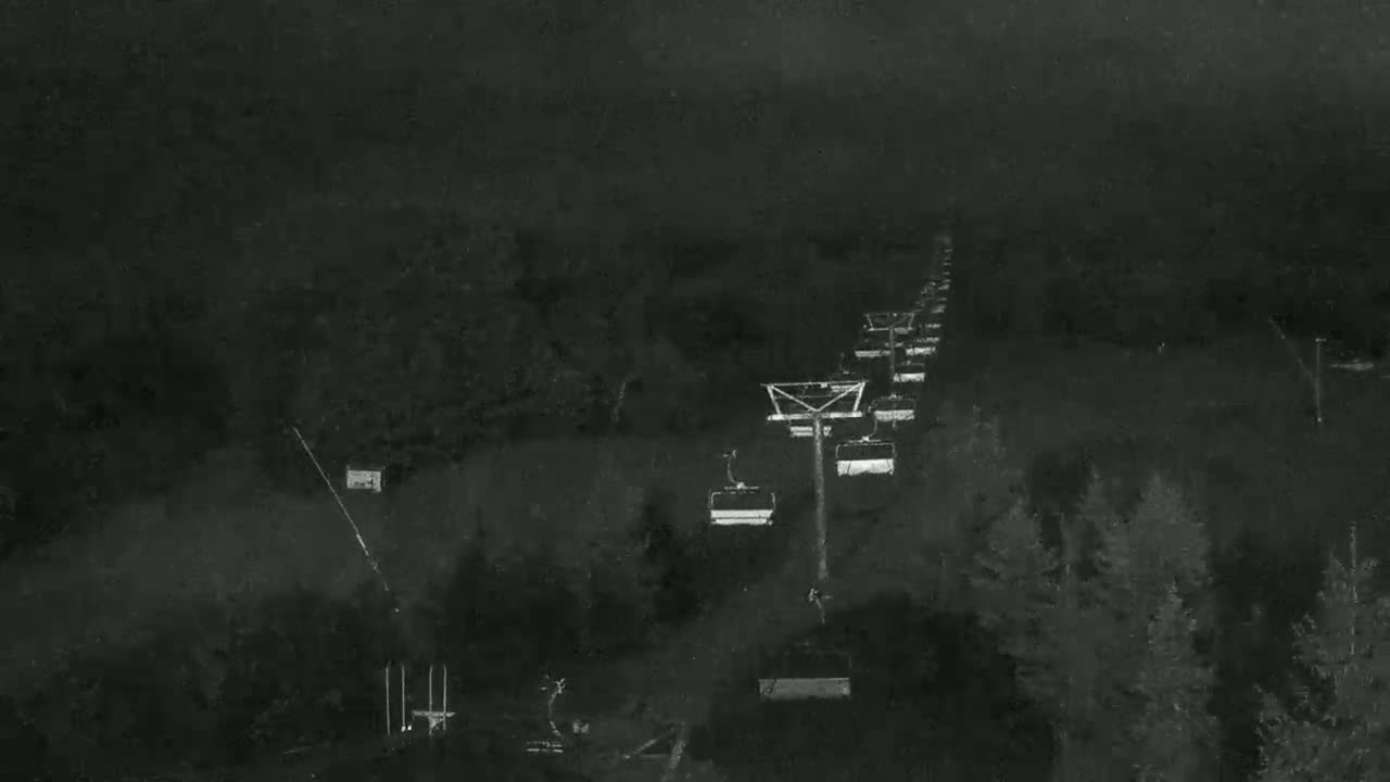 A nighttime, low-visibility view of a chairlift ascending a hill covered in dark trees.
