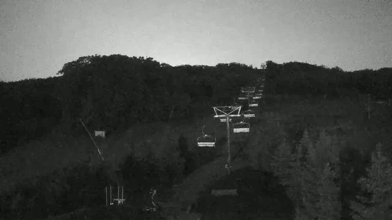 A chairlift ascends a wooded hill under a gray, overcast sky.