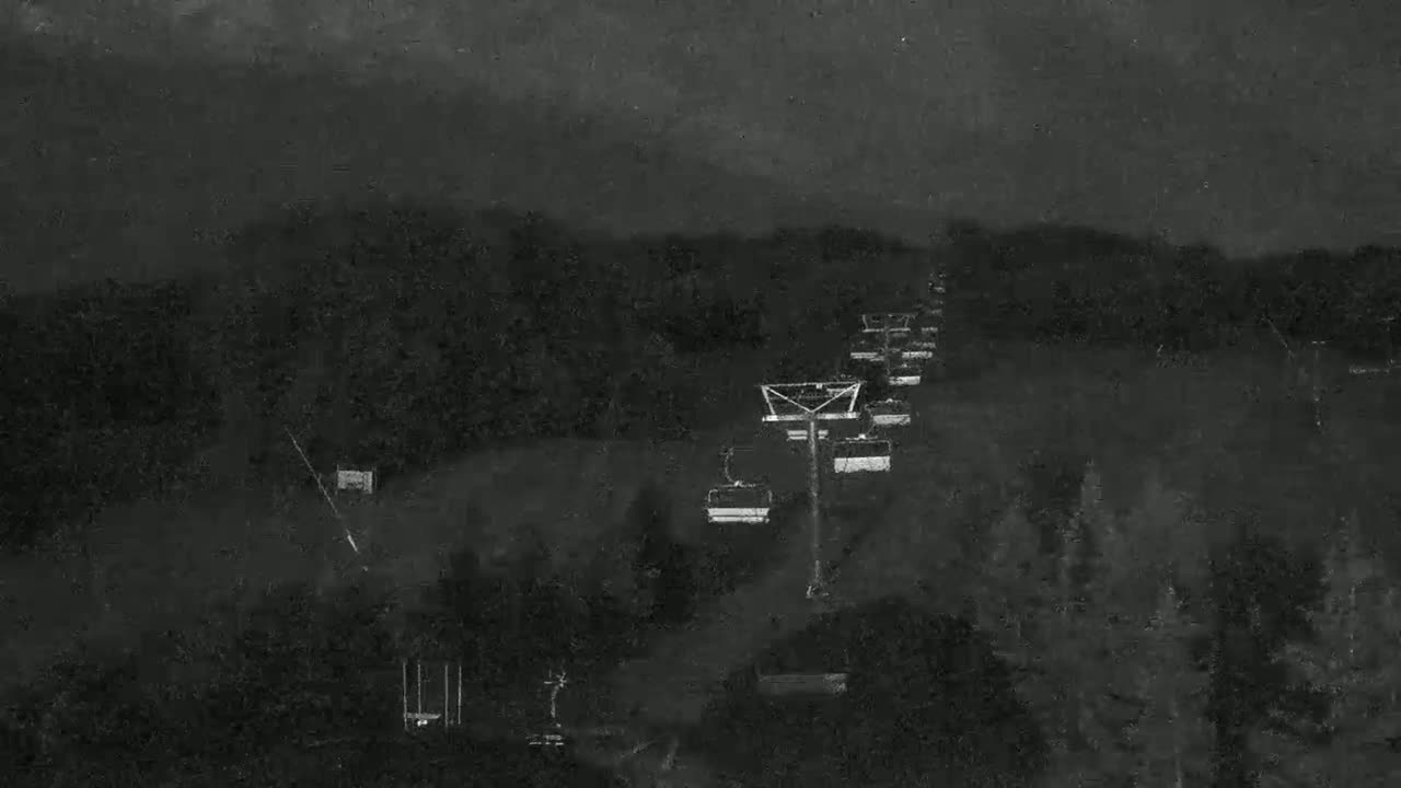 A chairlift ascends a dark, wooded hillside under an overcast sky.