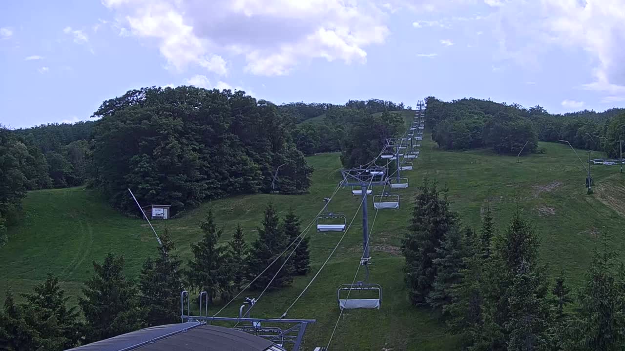 A chairlift ascends a grassy hill covered in lush green trees under a partly cloudy sky.