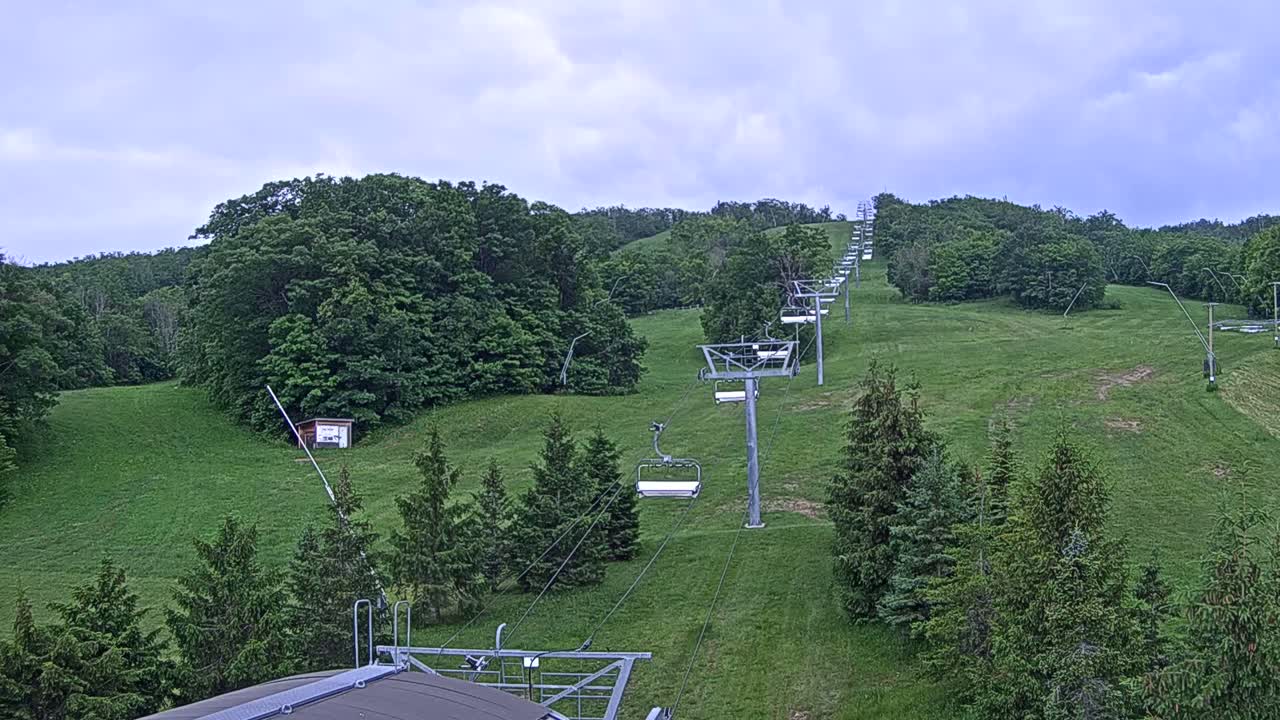 A chairlift ascends a grassy hill covered in green trees under a cloudy sky.