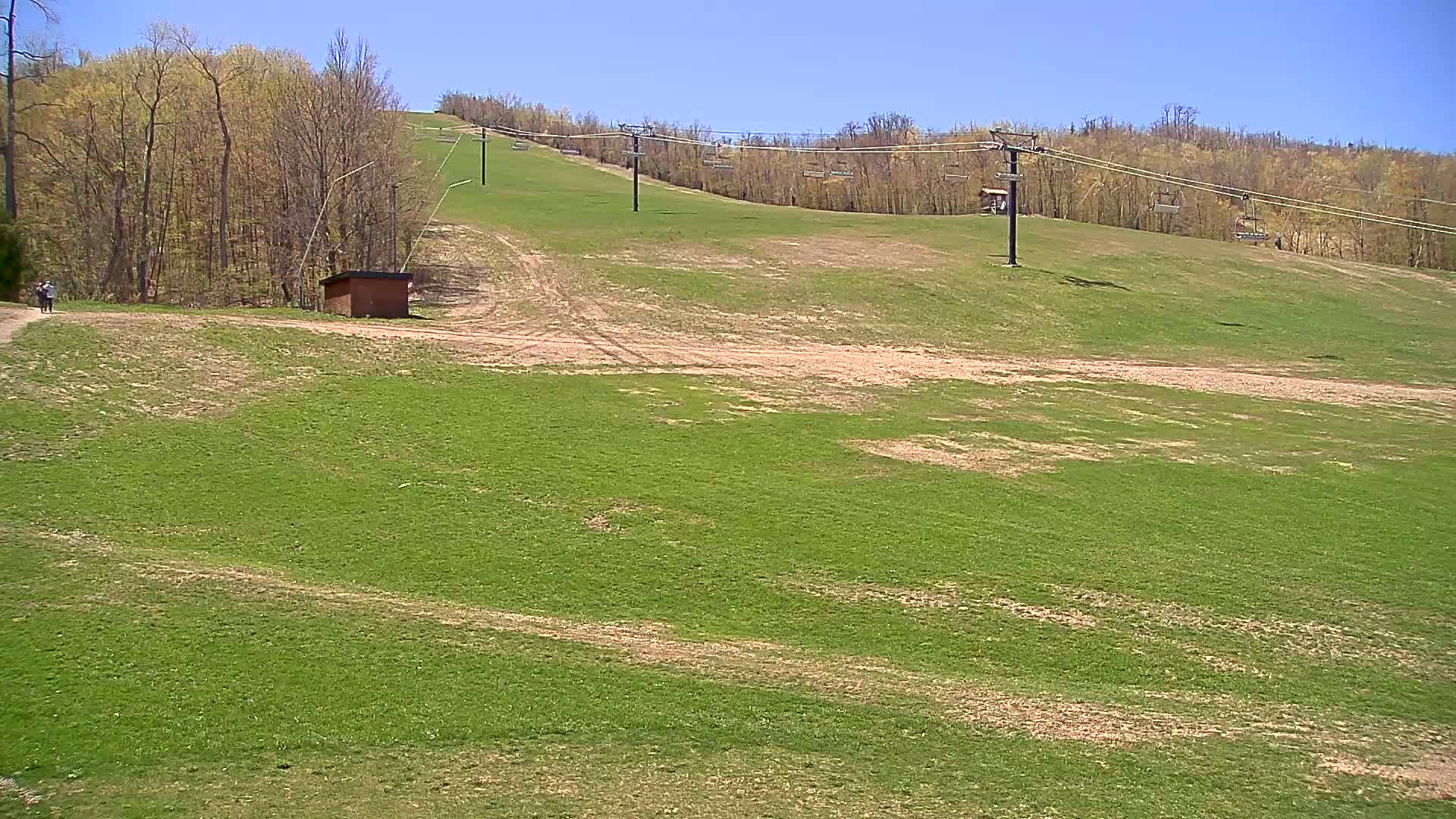 A grassy hillside with a chairlift and a small building, under a clear blue sky.