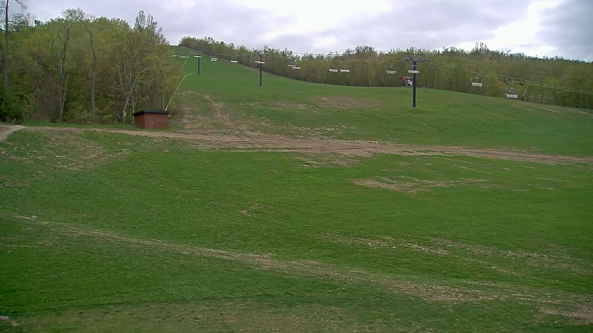 A grassy hillside with a ski lift and a small brown building under an overcast sky.