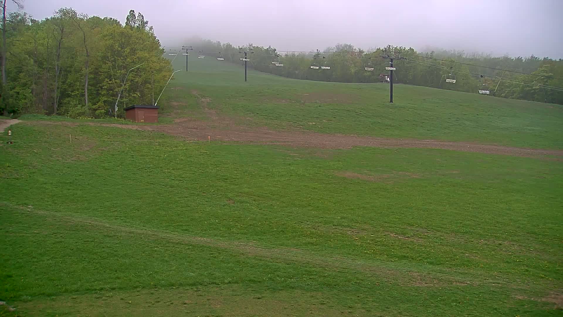 A grassy hillside with a chairlift in the background on a foggy day.
