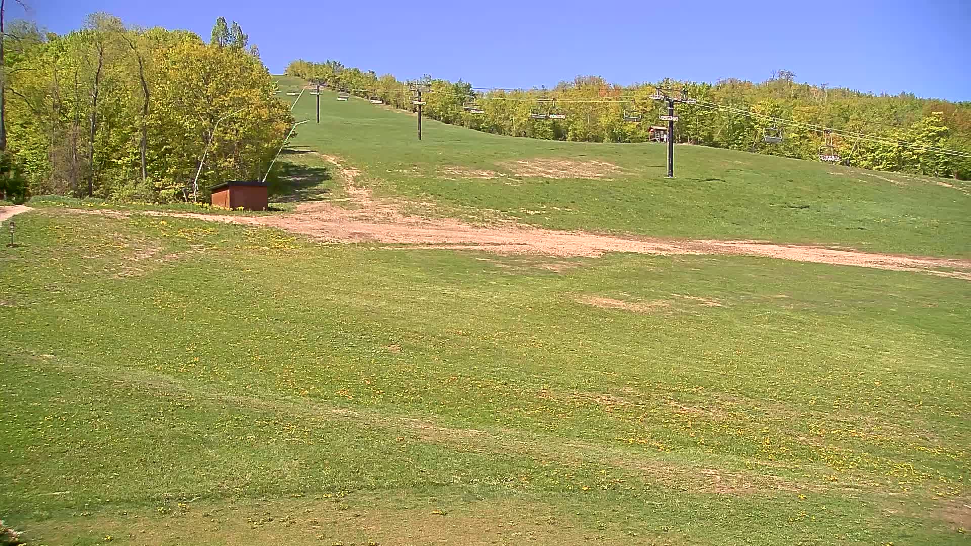 A grassy hillside with a chairlift and a small building, under a clear blue sky.