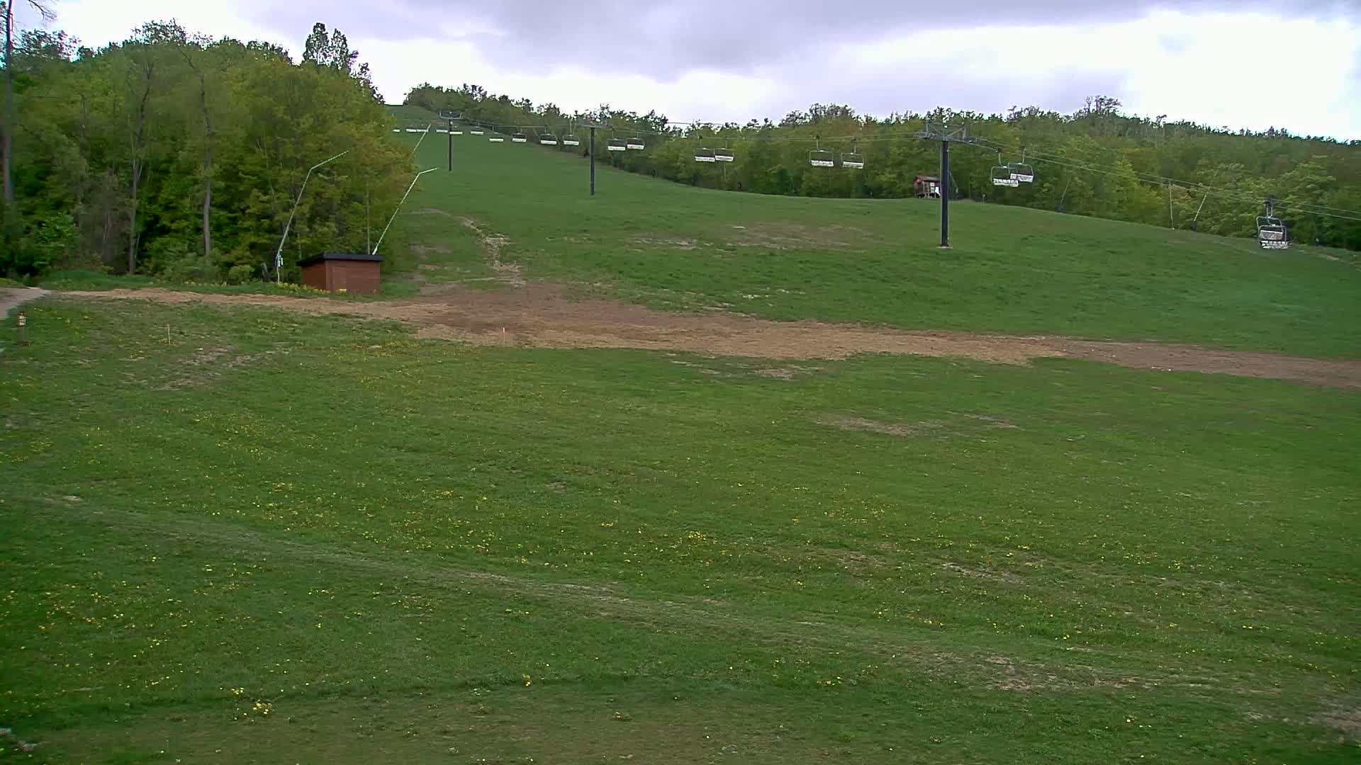 A grassy hillside with a chairlift and a small brown building under an overcast sky.