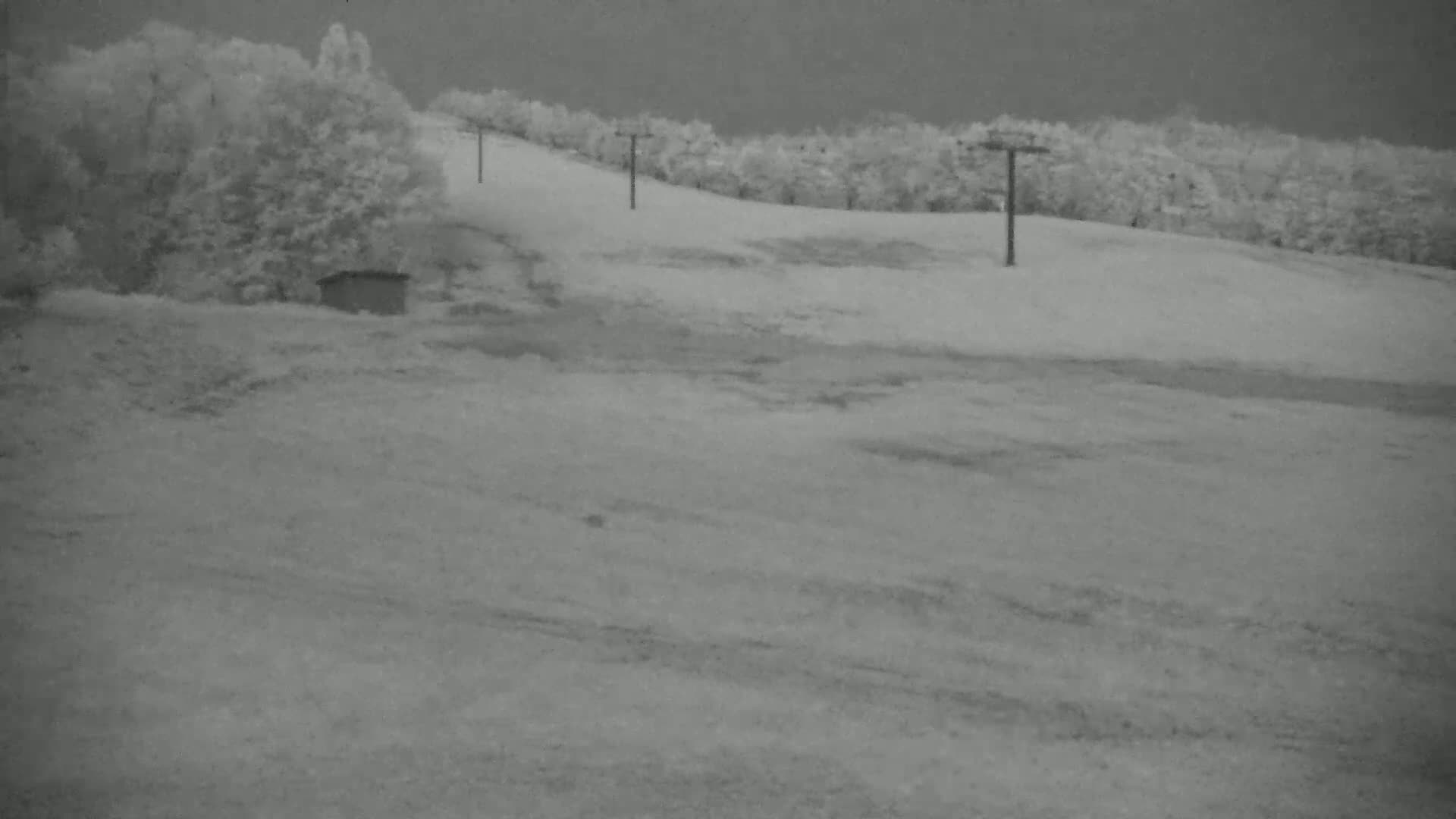 A snow-covered ski slope with several lift poles and a small structure near a treeline is visible under an overcast sky.