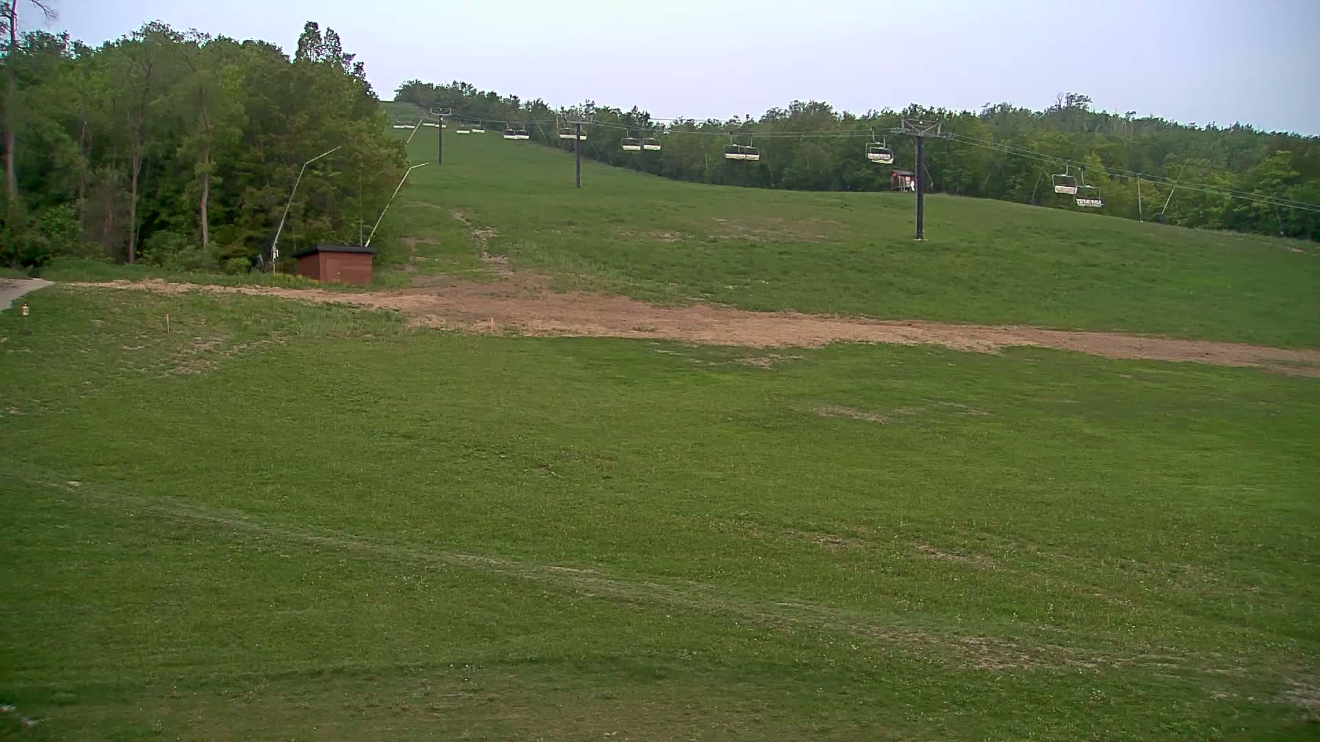 A grassy hill with a chairlift ascending into a wooded area under an overcast sky.