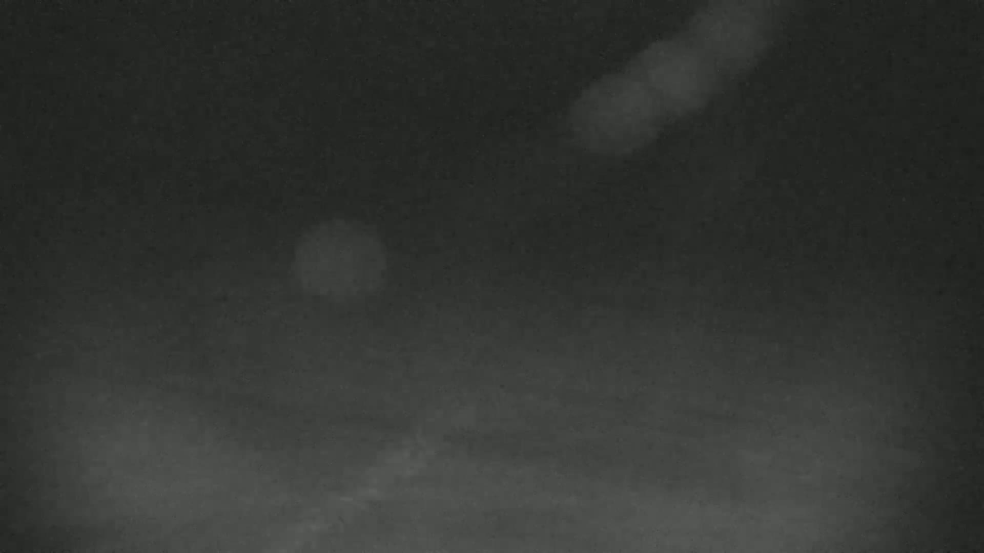 A dark, blurry image shows indistinct shapes and what appears to be hazy or foggy conditions at night.