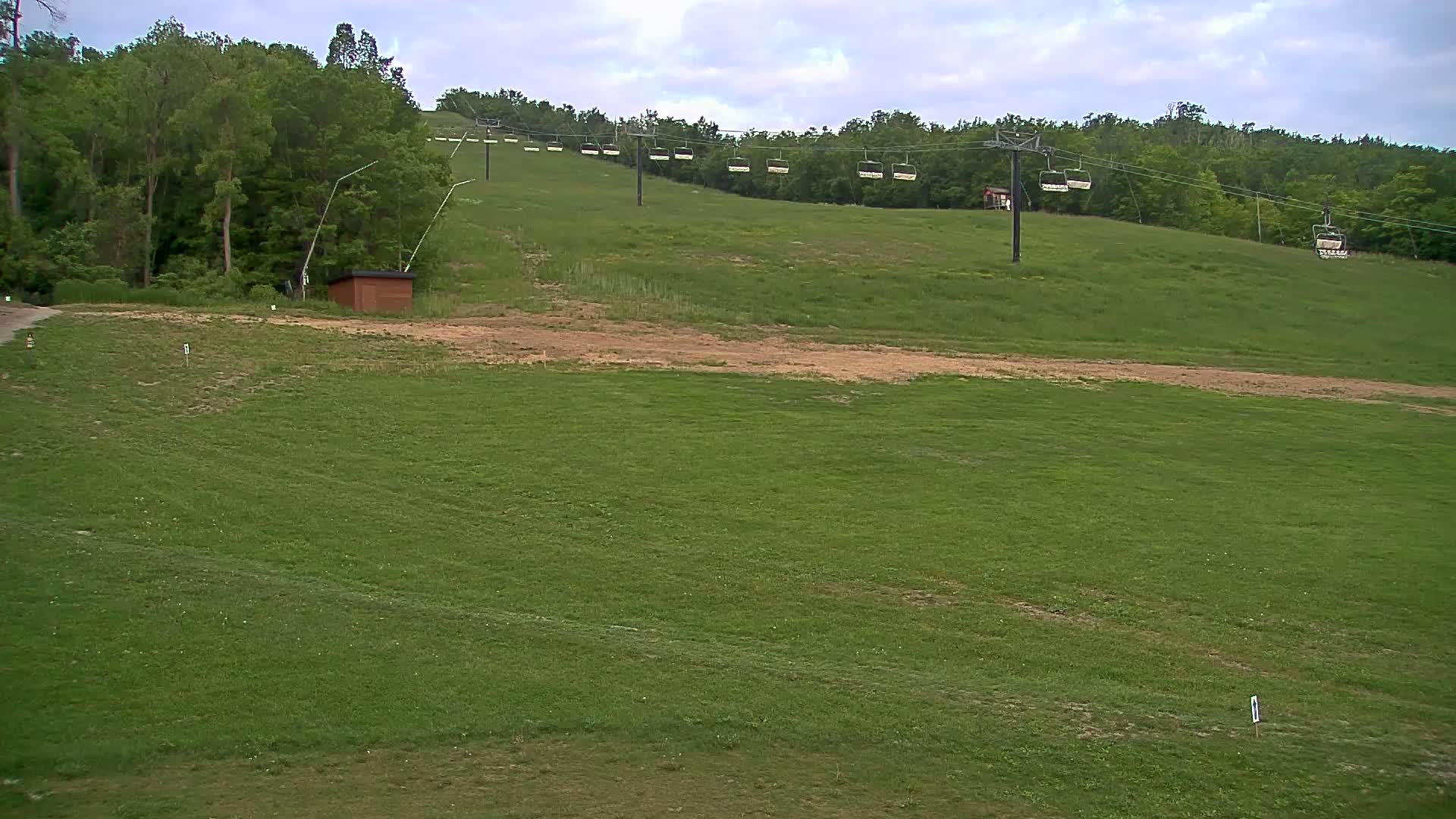 A grassy hillside with an empty chairlift running up into a green forest under a cloudy sky.