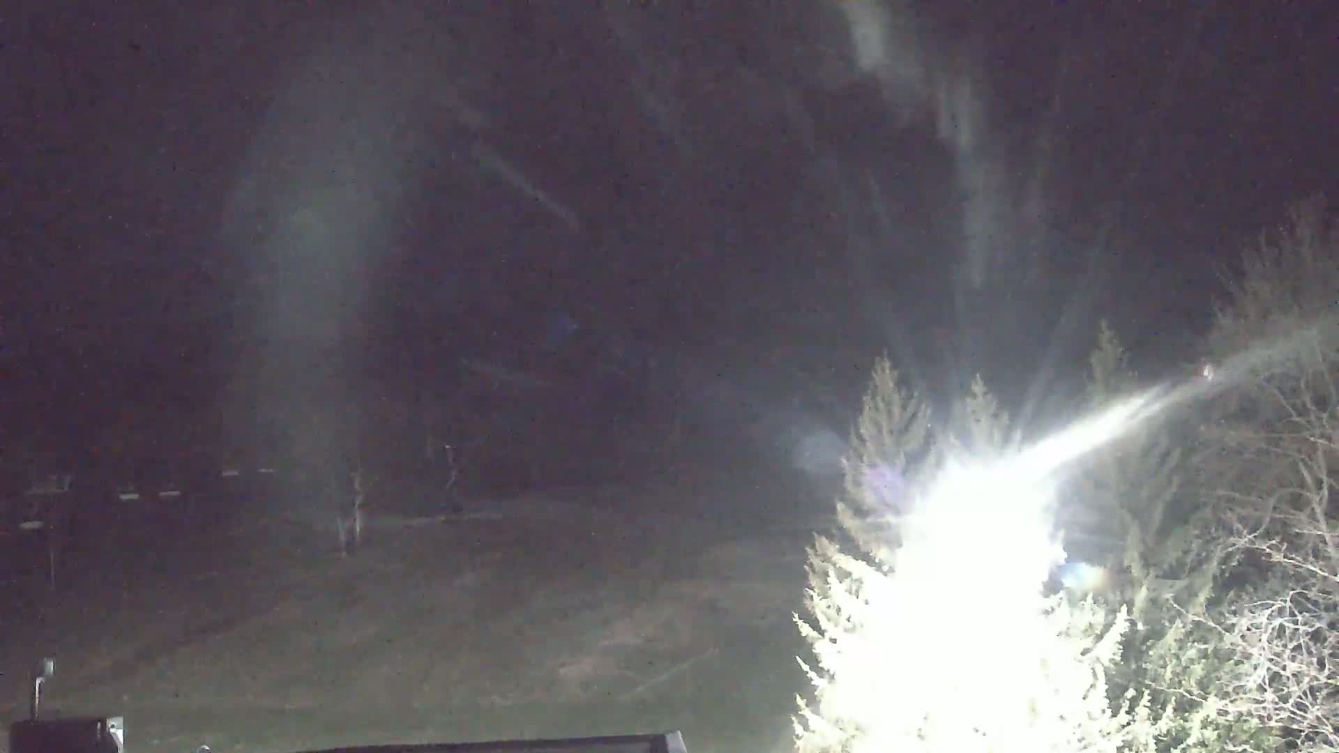 A bright light shines through the night sky, illuminating snow-covered ground and bare trees.