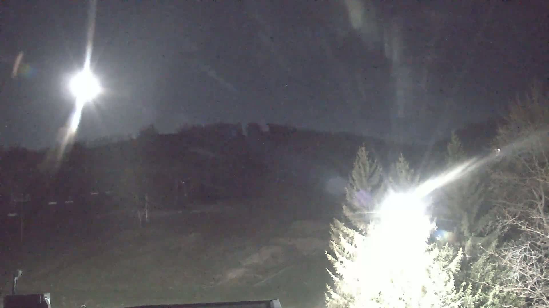 A bright moon illuminates a dark, nighttime landscape of trees and a field, with a bright light shining from the lower right corner.