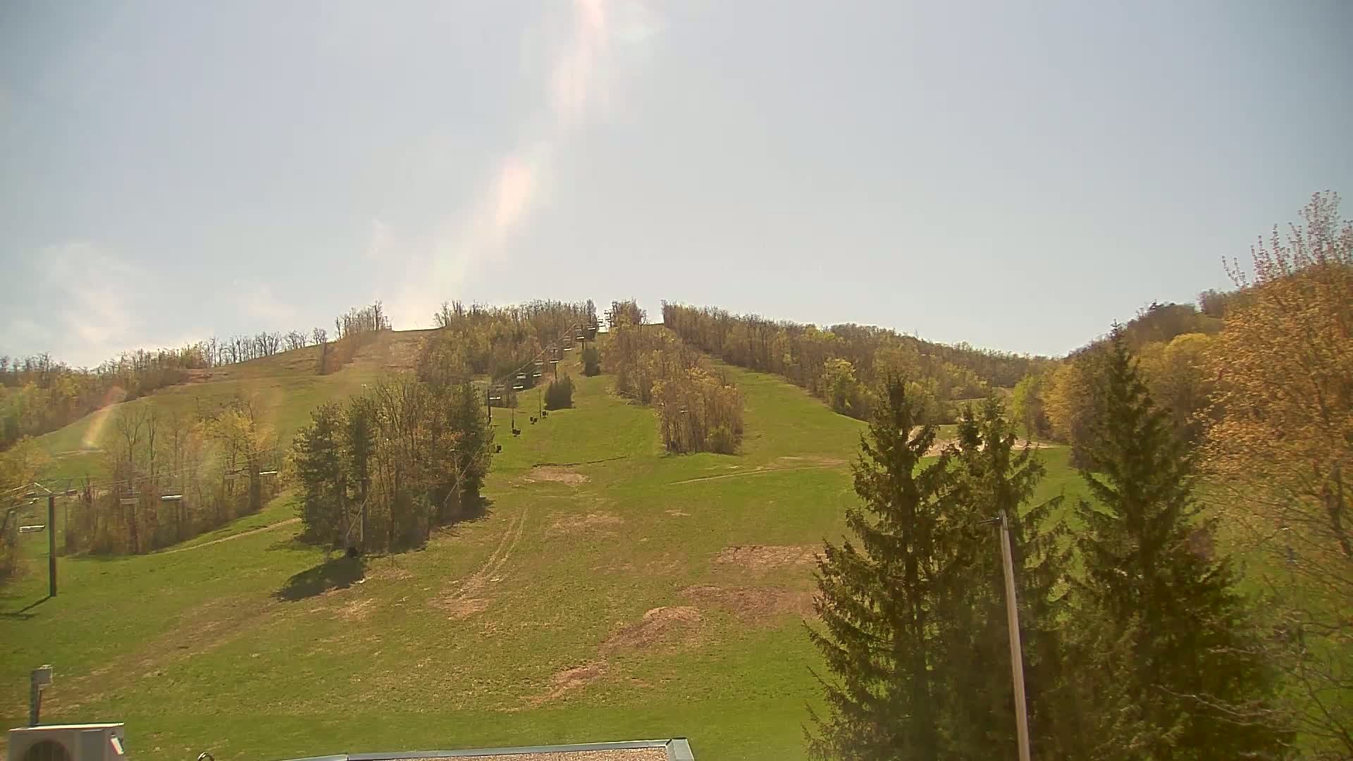 A grassy hillside with a ski lift and budding trees under a mostly clear, sunny sky.