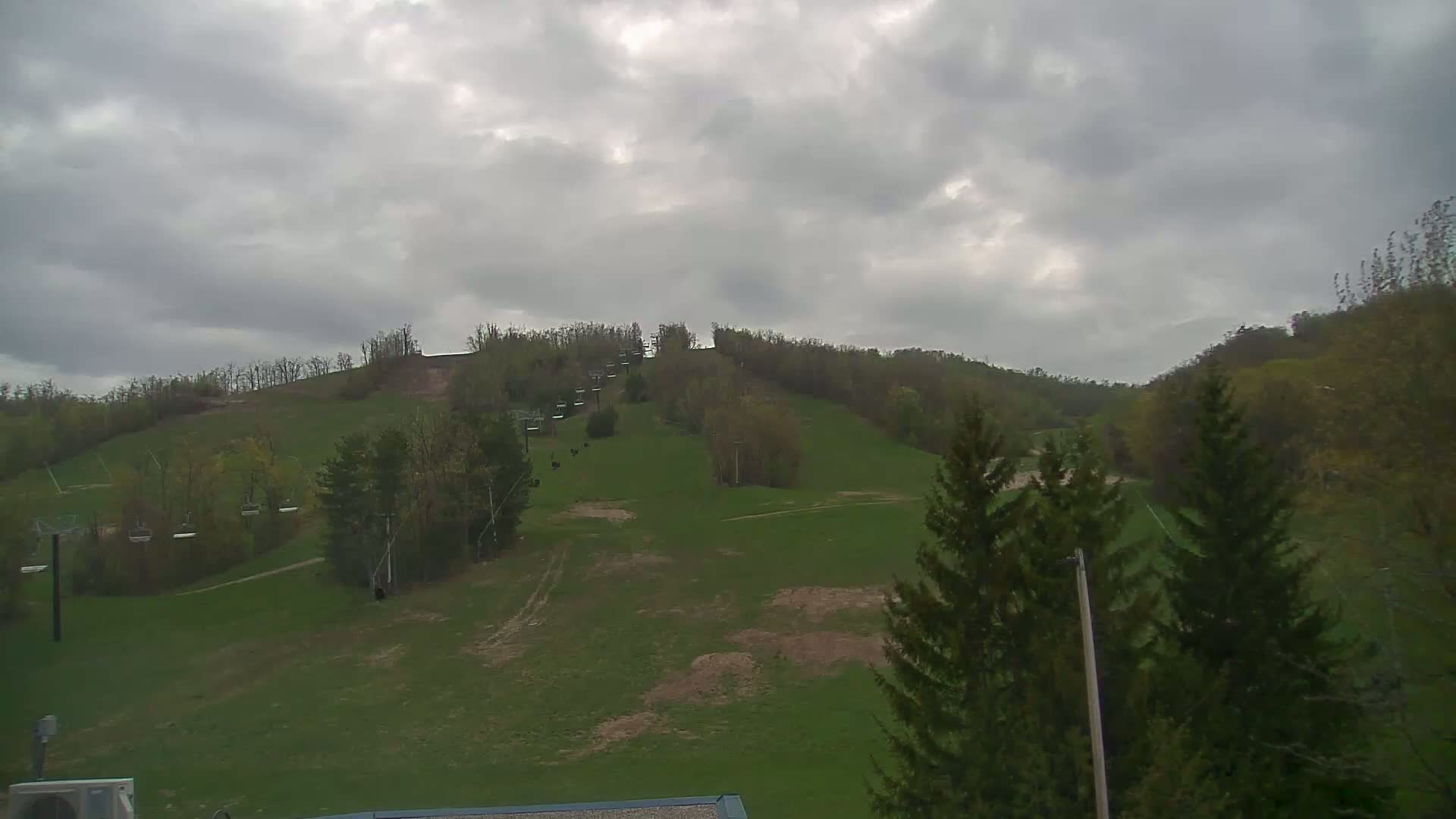A grassy ski hill with chairlifts and trees under an overcast sky.