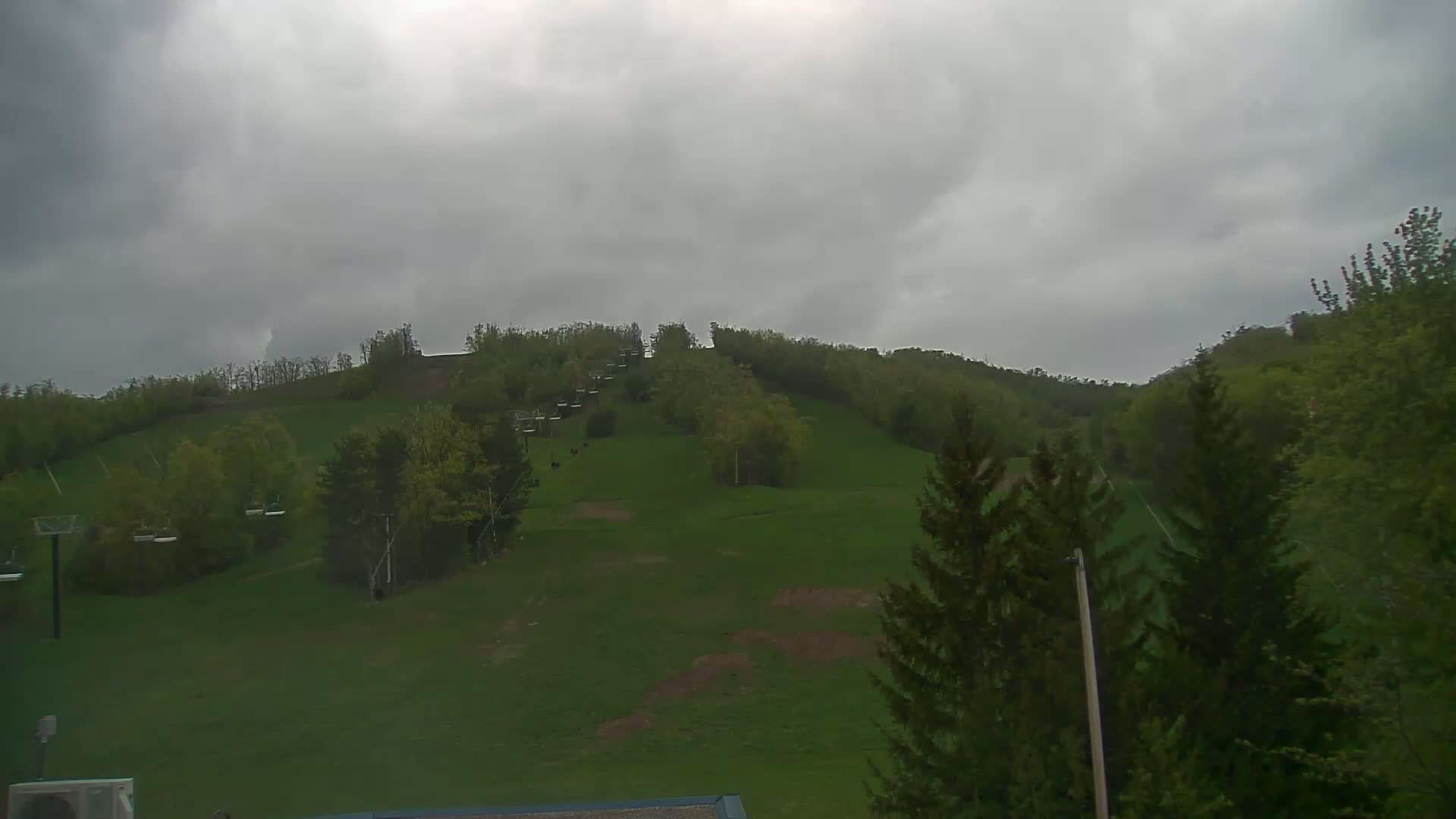 A grassy hillside with a chairlift and trees under an overcast sky.