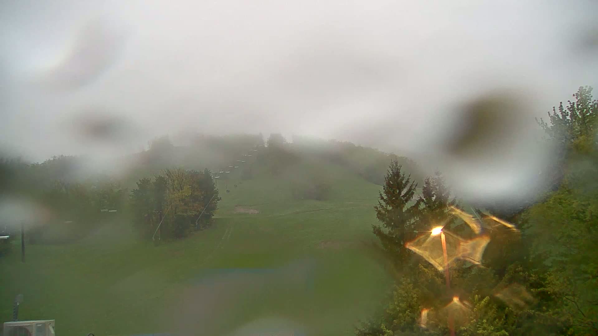 A rain-covered view shows a foggy, green hillside with trees in the foreground and background.