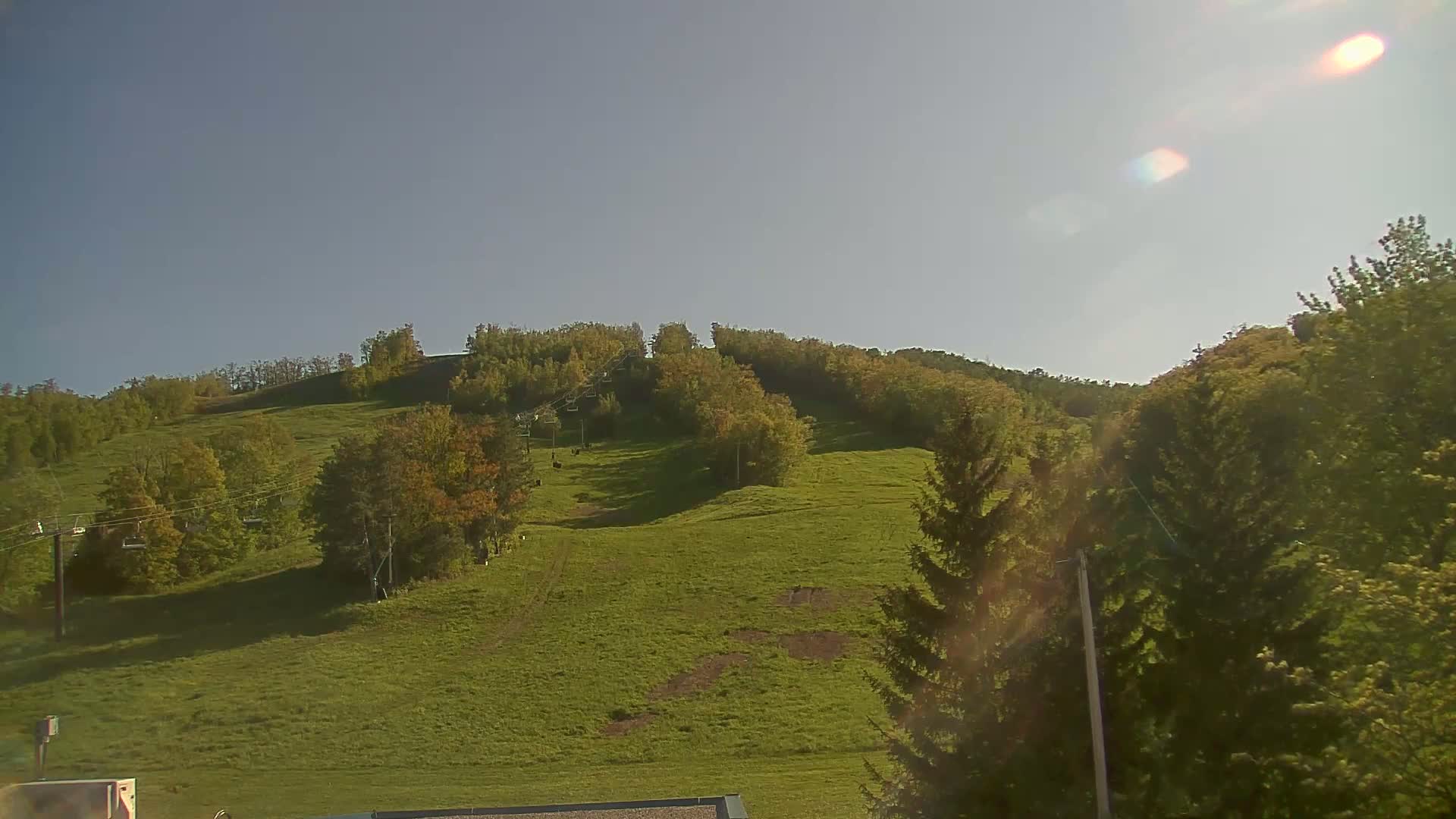 A grassy hillside with a chairlift and trees, under a clear, sunny sky.