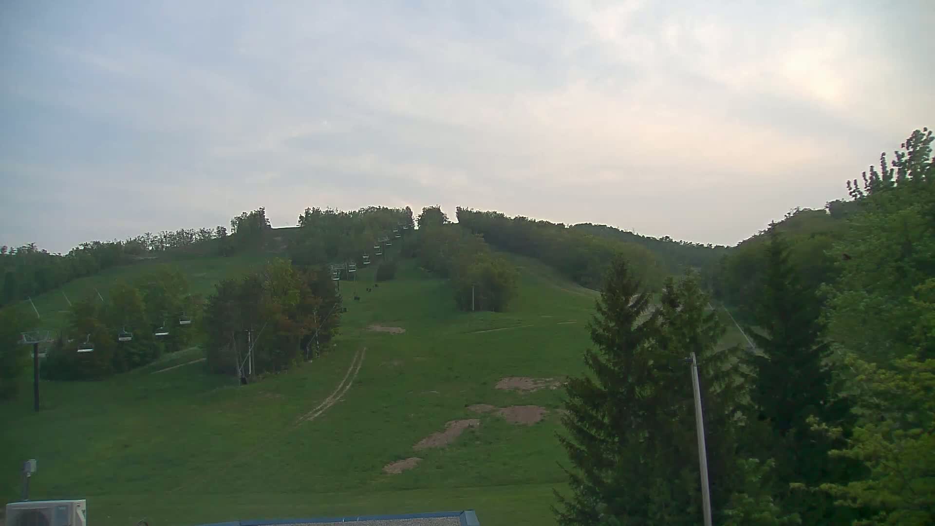 A grassy hillside with a chairlift and trees under a cloudy sky.