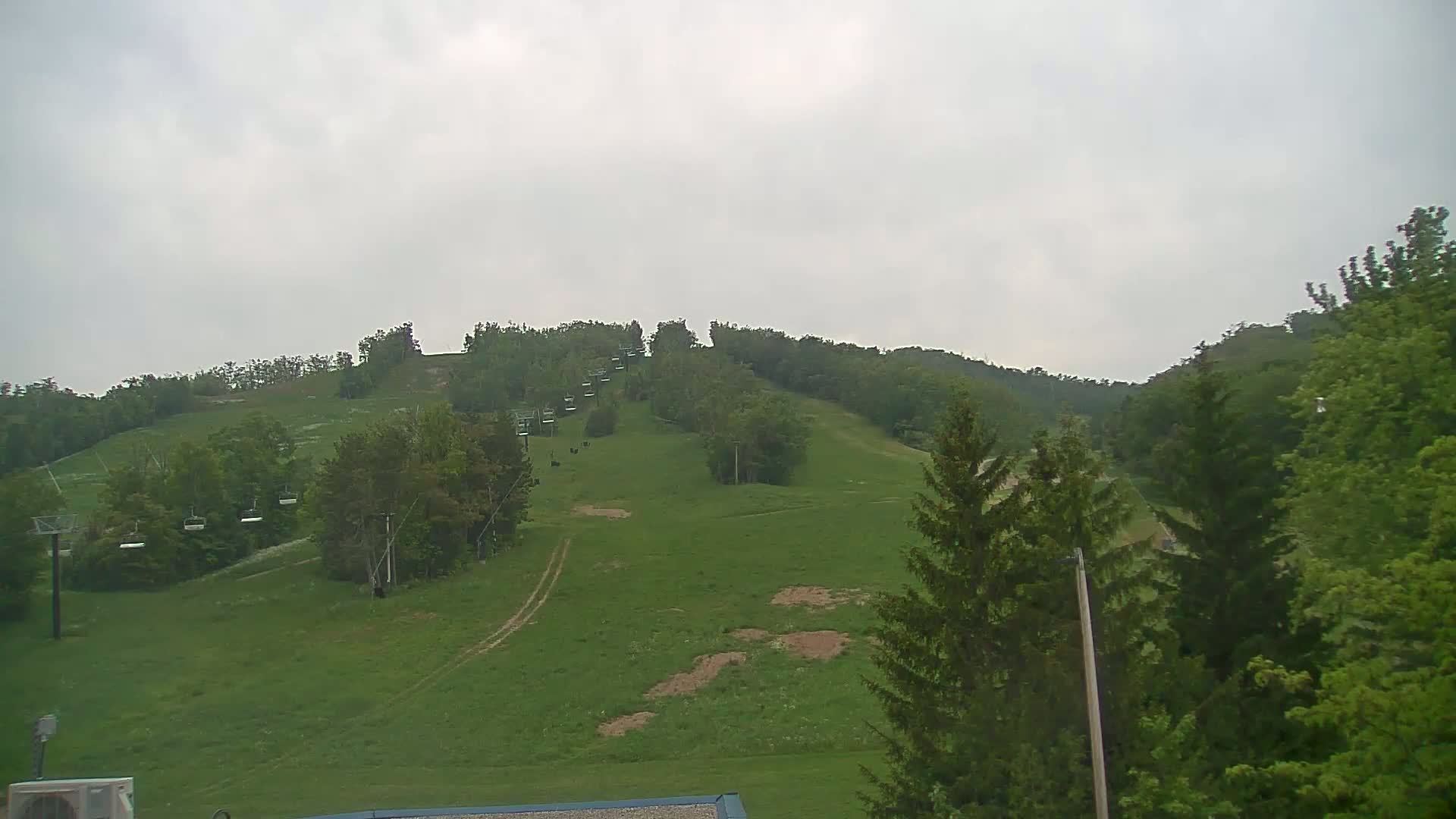 A grassy hillside with a chairlift and surrounding trees under an overcast sky.