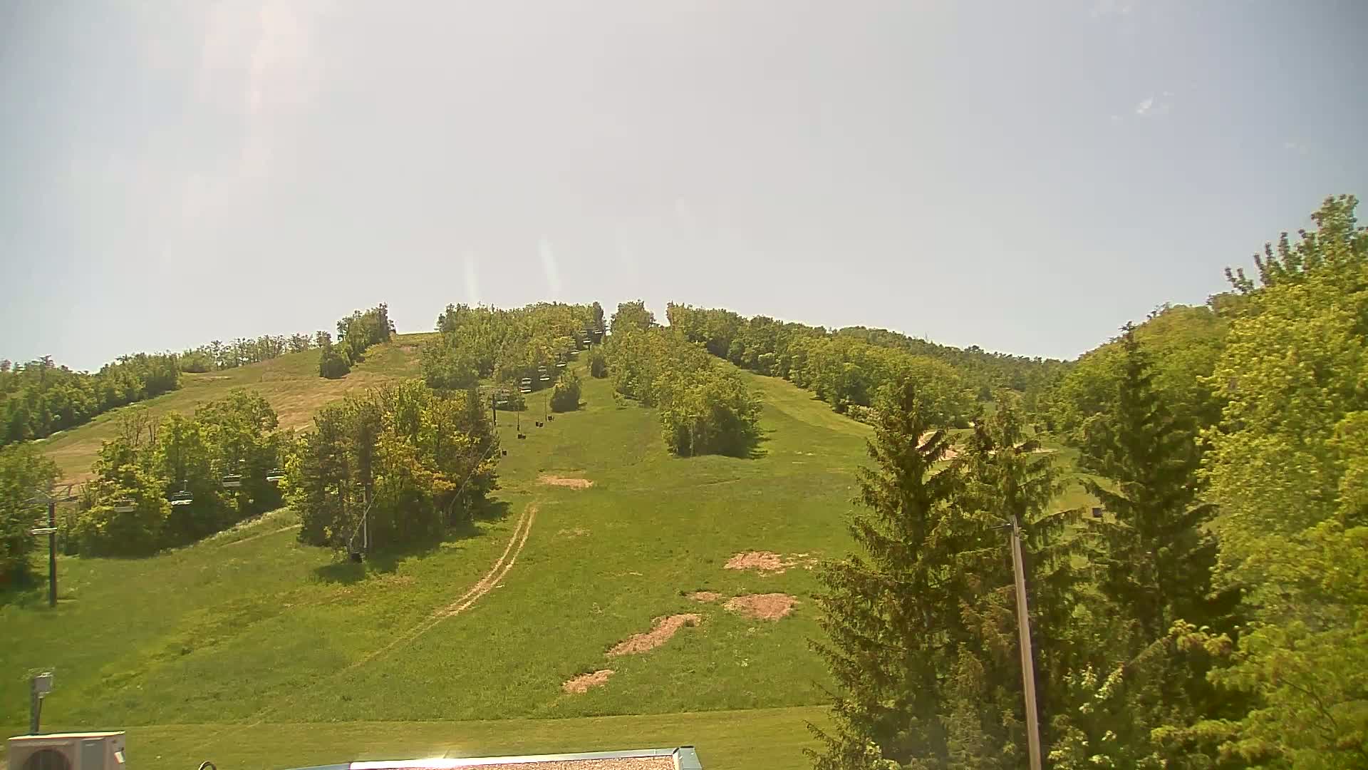 A grassy hillside with sparsely placed trees and a chairlift visible under a bright, sunny sky.