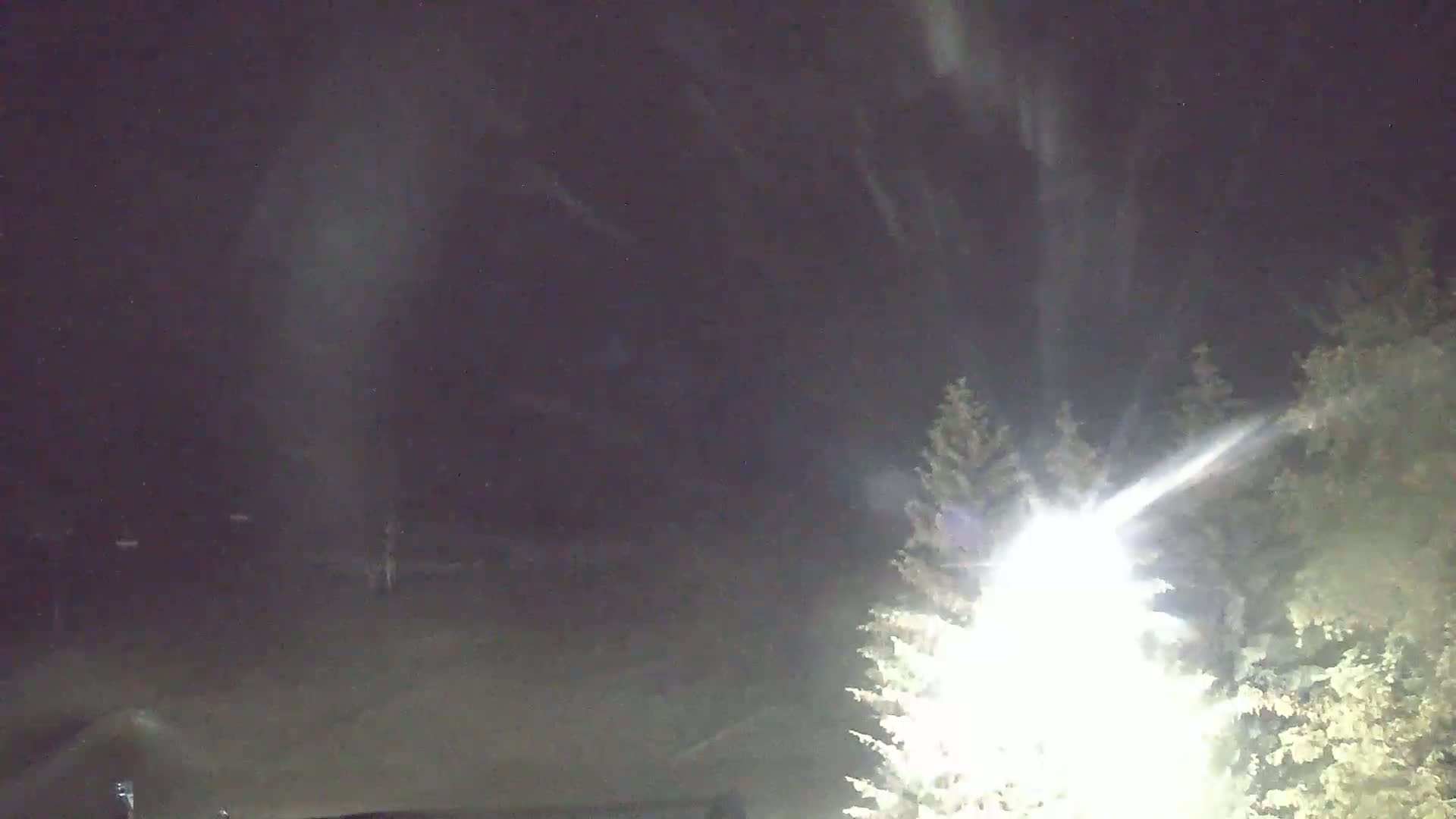 A bright light shines through trees at night, illuminating the snow-covered ground under a dark, possibly snowy sky.