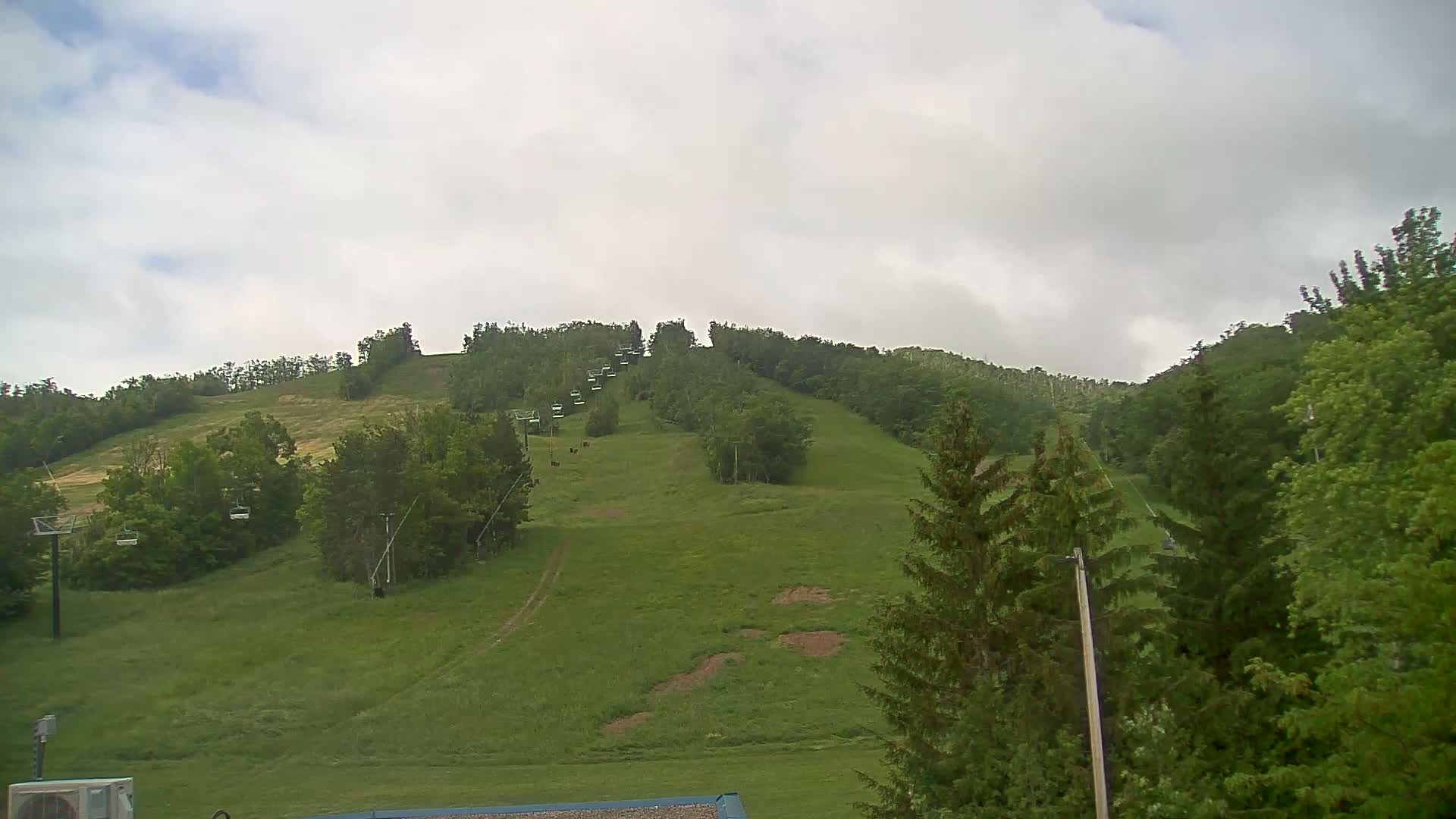 A grassy hillside with a chairlift ascending through green trees under a cloudy sky.