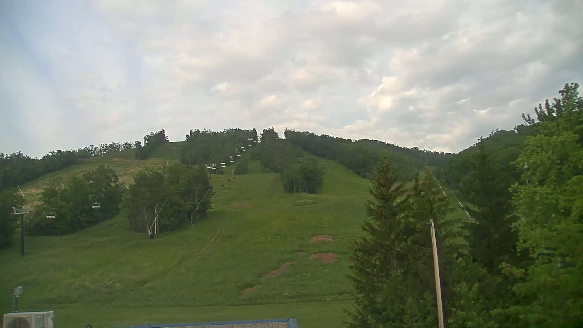 A grassy hill with a chairlift and trees under a cloudy sky.