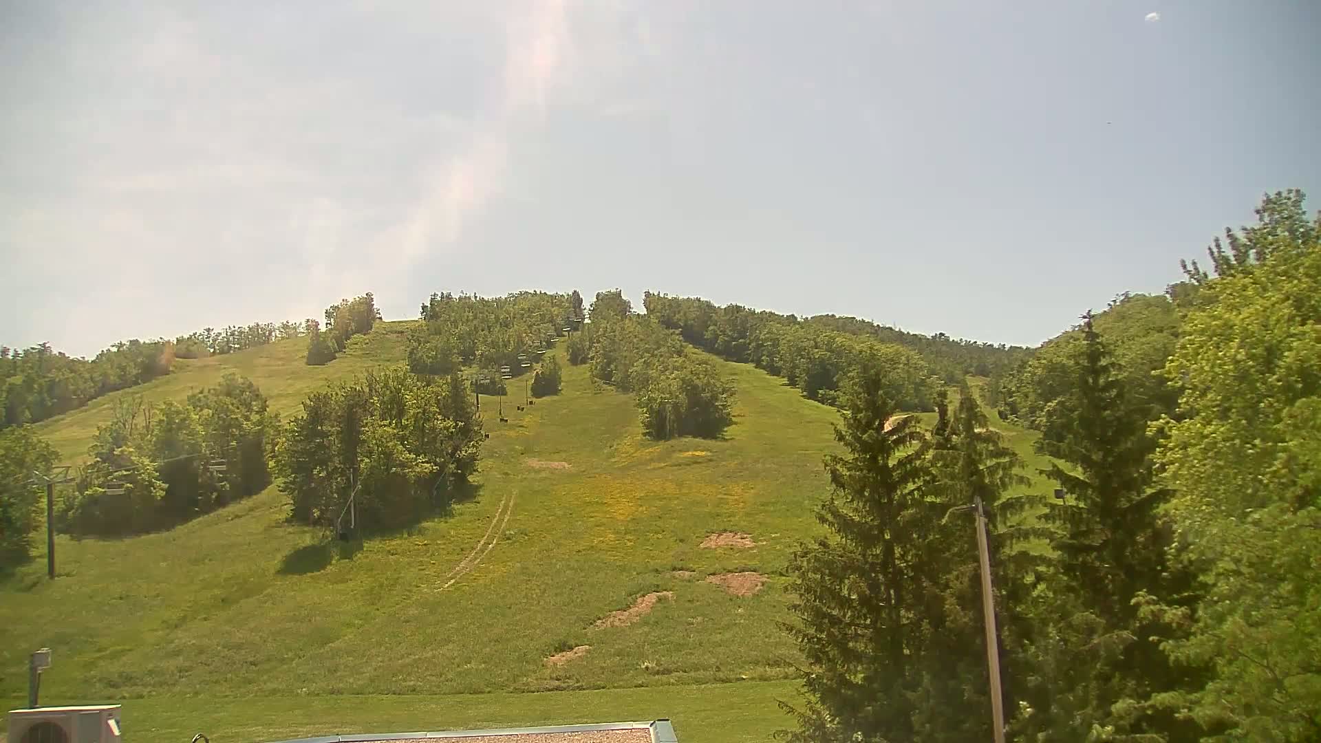 A grassy hill covered in green trees and ski lifts under a mostly clear sky.