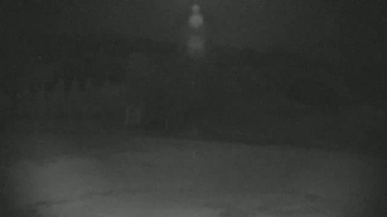 A blurry, dark nighttime image shows indistinct shapes in the middle ground and a bright light source in the far background.