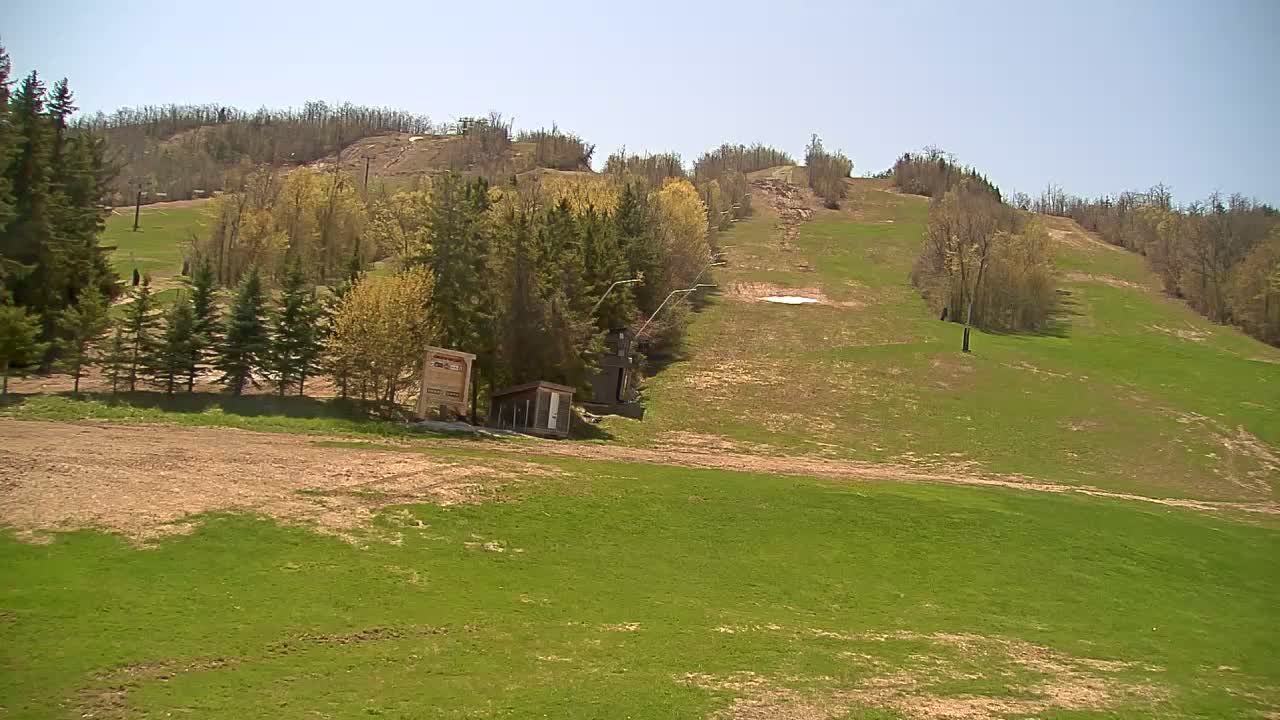 A grassy ski slope, mostly green with patches of brown, is visible under a clear blue sky, with a small building and a lift visible near the bottom.