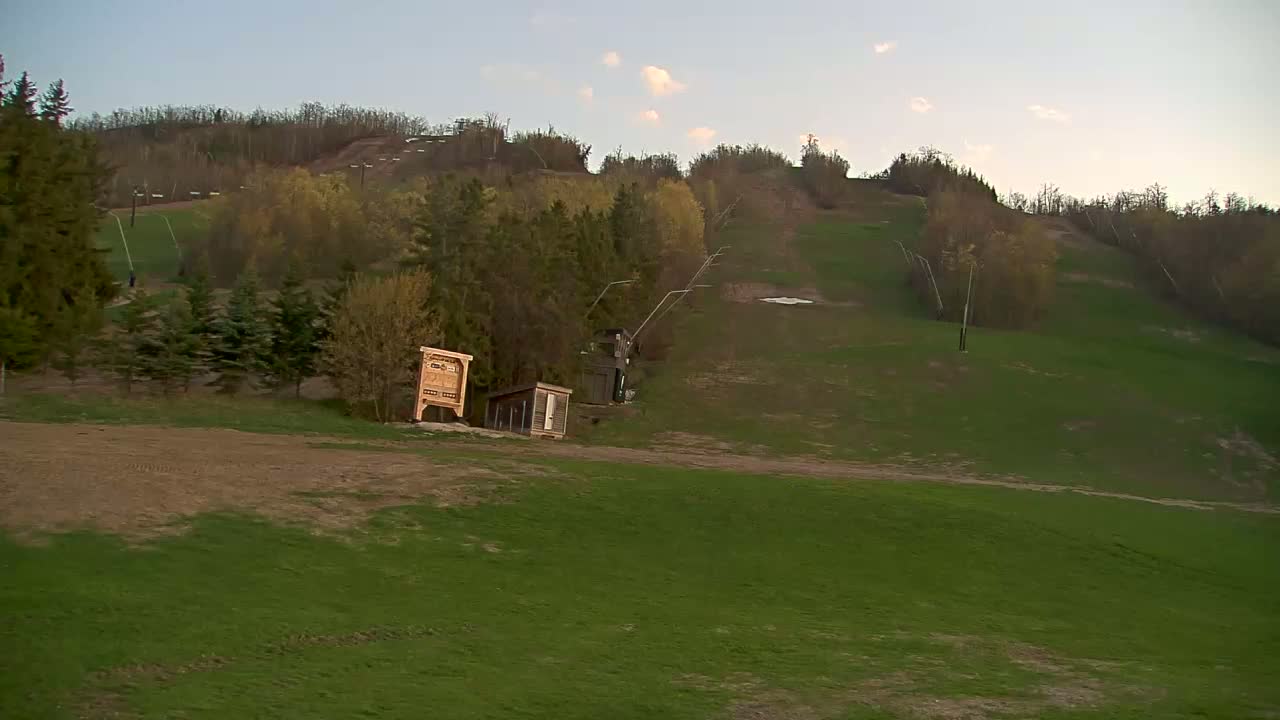 A grassy ski slope with a few small buildings and trees under a partly cloudy sky.