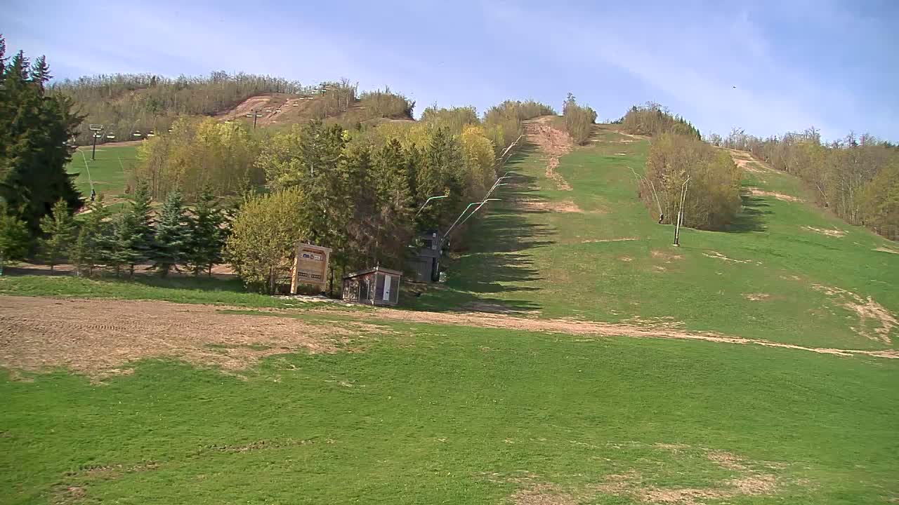 A grassy ski hill with a chairlift, small buildings, and trees under a clear blue sky.
