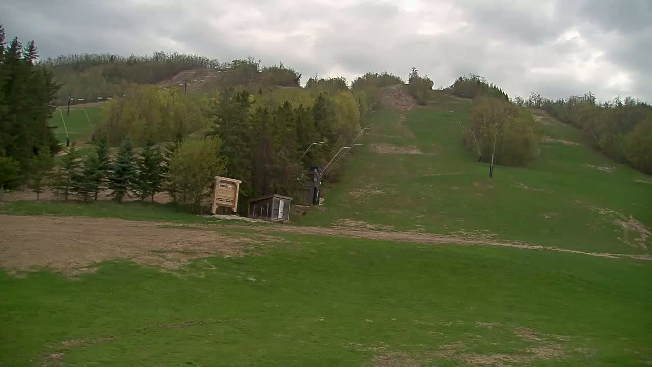 A grassy hillside with a ski lift, small buildings, and trees under a cloudy sky.