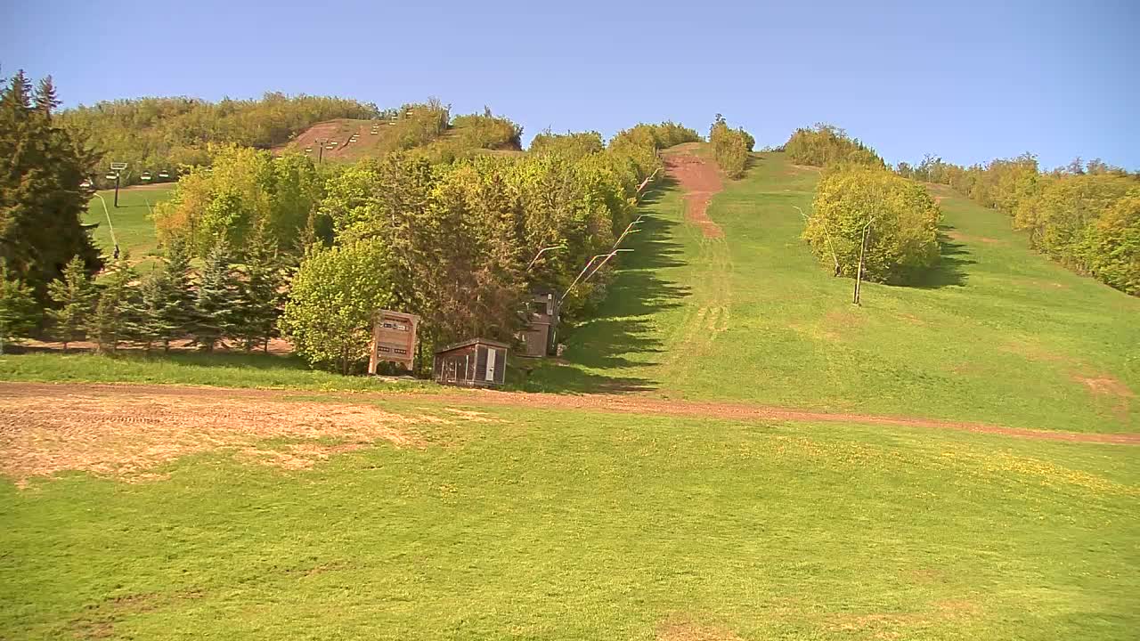 A grassy ski hill with a chairlift visible, under a clear blue sky.
