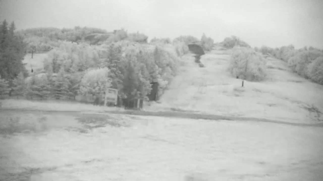 A snow-covered hillside with sparsely wooded areas is visible under an overcast sky.