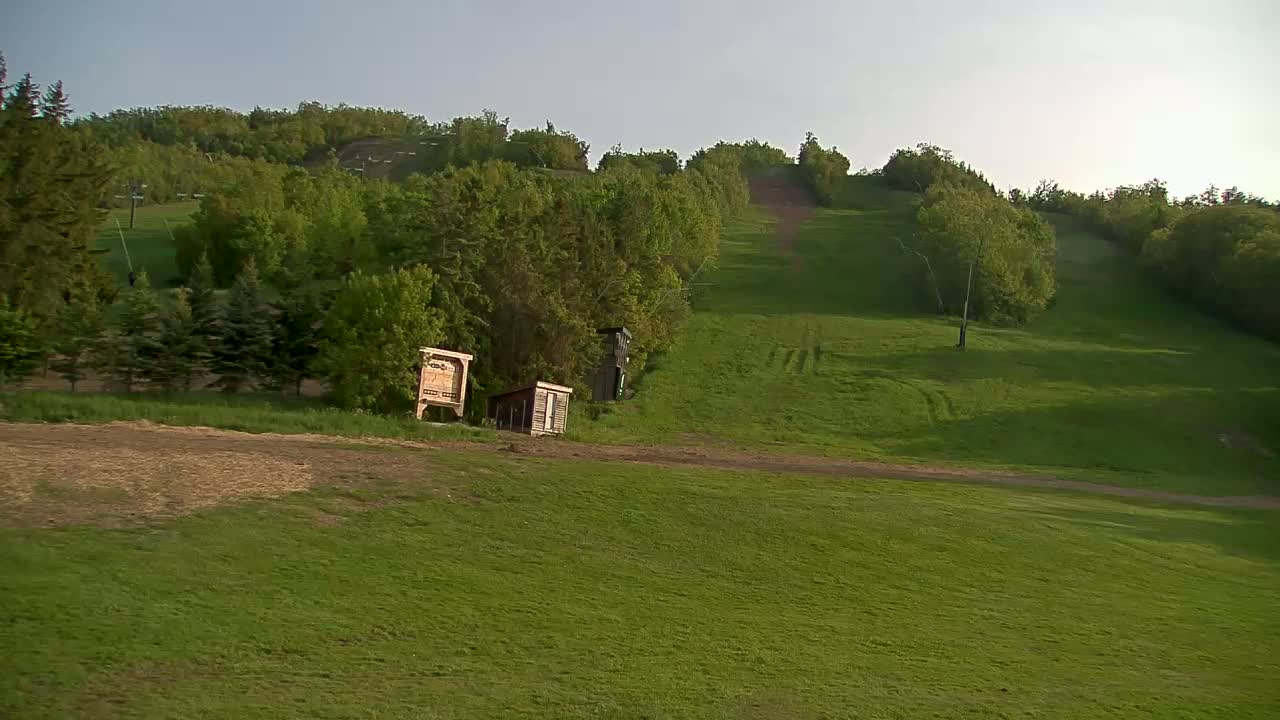 A grassy hillside, dotted with trees and small structures, slopes gently upward under a clear sky.