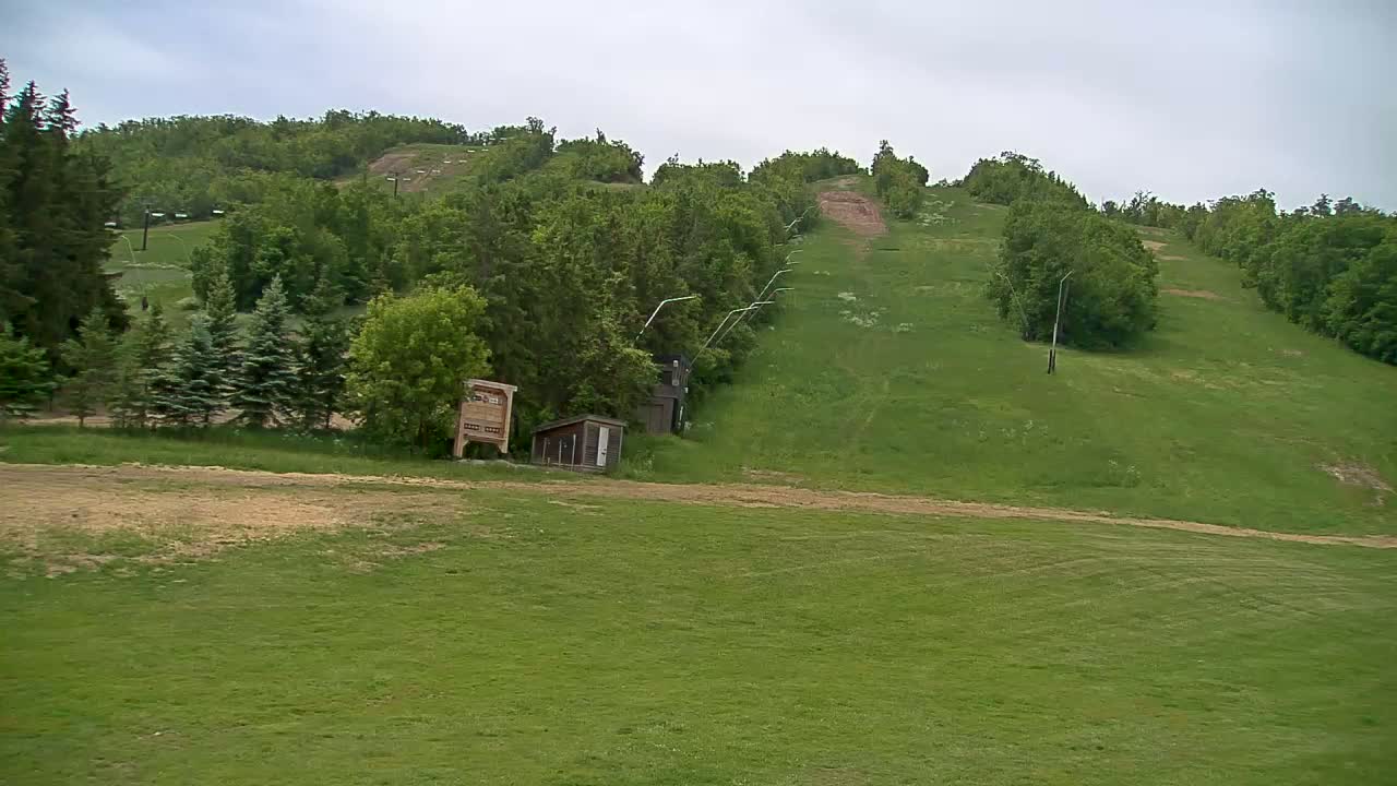 A grassy hillside, covered in lush green vegetation, features a chairlift extending upward, a small building, and overcast skies.