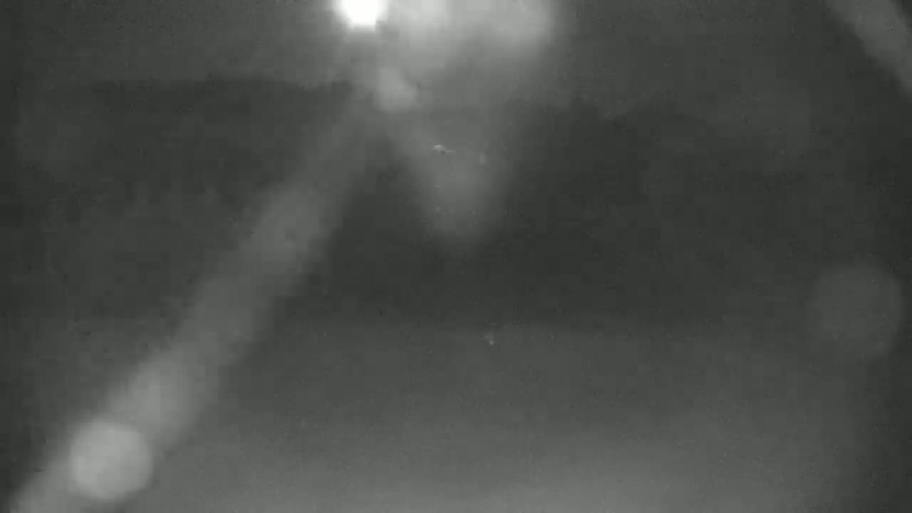 A blurry, dark grayscale image shows a bright light source in the upper left corner with faint, indistinct shapes suggesting an outdoor nighttime scene obscured by heavy fog or haze.